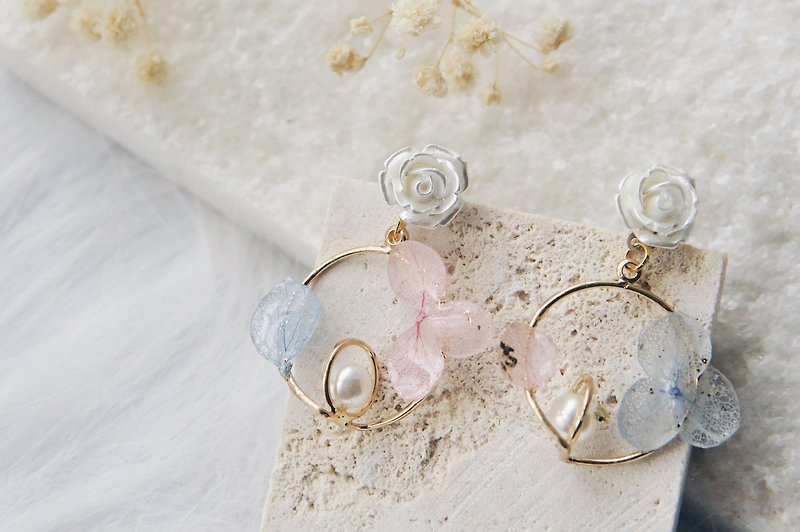 [Downstream] Dried flowers-Hydrangea/Earrings/ Clip-On/ Silver/Pendants/Pink Blue - Earrings & Clip-ons - Sterling Silver Blue
