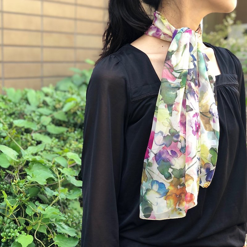 Ballett Chiffon mini scarf with a lovely pale rose print Made in Japan Can be washed at home - Scarves - Polyester Yellow