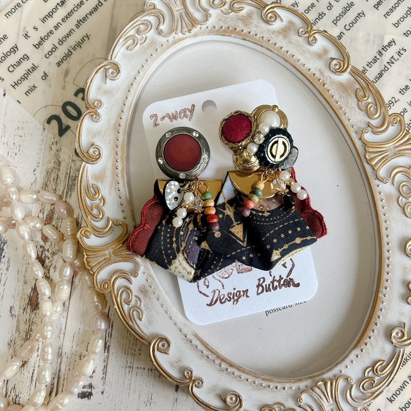 wow handmade 2-way ルビーイメージボタン ×布プリーツイヤリング - ピアス・イヤリング - その他の素材 