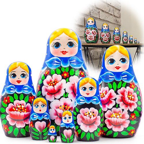 布列斯特纪念品厂 - 套娃 Matryoshka Nesting Dolls Set 7 pcs - Russian Doll in Sarafan Dress with Red Rose