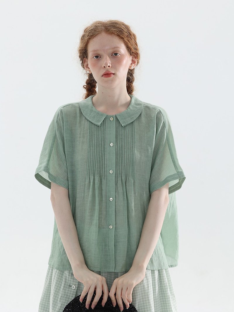 Fresh pea green Japanese style double collar ramie shirt - Women's Tops - Cotton & Hemp Green