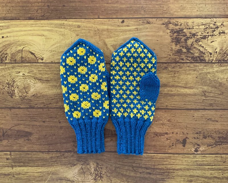 北欧伝統柄のミトン　ブルー×マスタード - 手套/手襪 - 羊毛 藍色