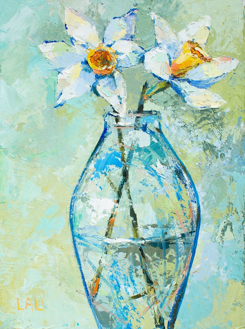 ภาพวาดดอกแดฟโฟดิลภาพวาดสีน้ำมันต้นฉบับ Impasto ดอกไม้ศิลปะสมัยใหม่ 20x15 ซม - วาดภาพ/ศิลปะการเขียน - วัสดุอื่นๆ ขาว
