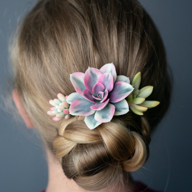 Hairpin set with Echeveria Rainbow - 髮圈/髮夾 - 其他材質 