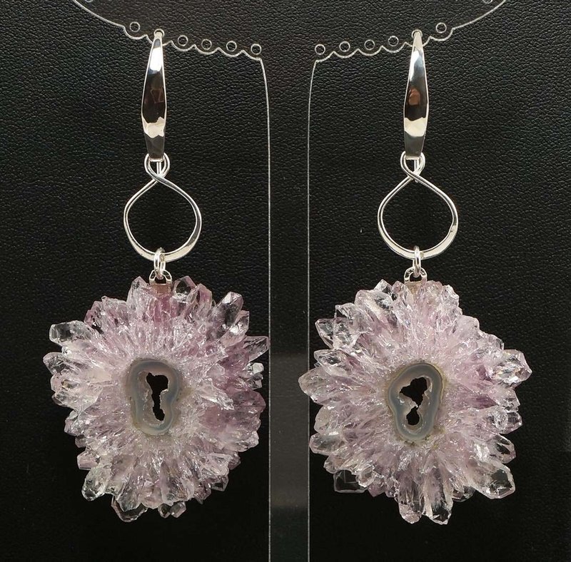 Amethyst Stalactite Slice Crystal Druse Purple Lilac Lavender Earrings Jewelry - 耳環/耳夾/耳骨夾 - 寶石 紫色