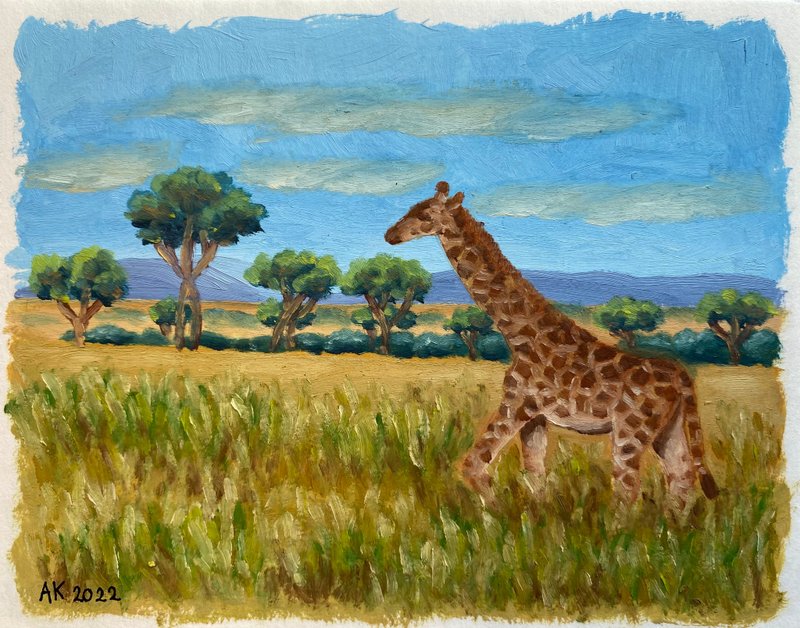 Giraffe Manor oil painting, African landscape, Kenya prairie, wall art, animal - 壁貼/牆壁裝飾 - 其他材質 橘色