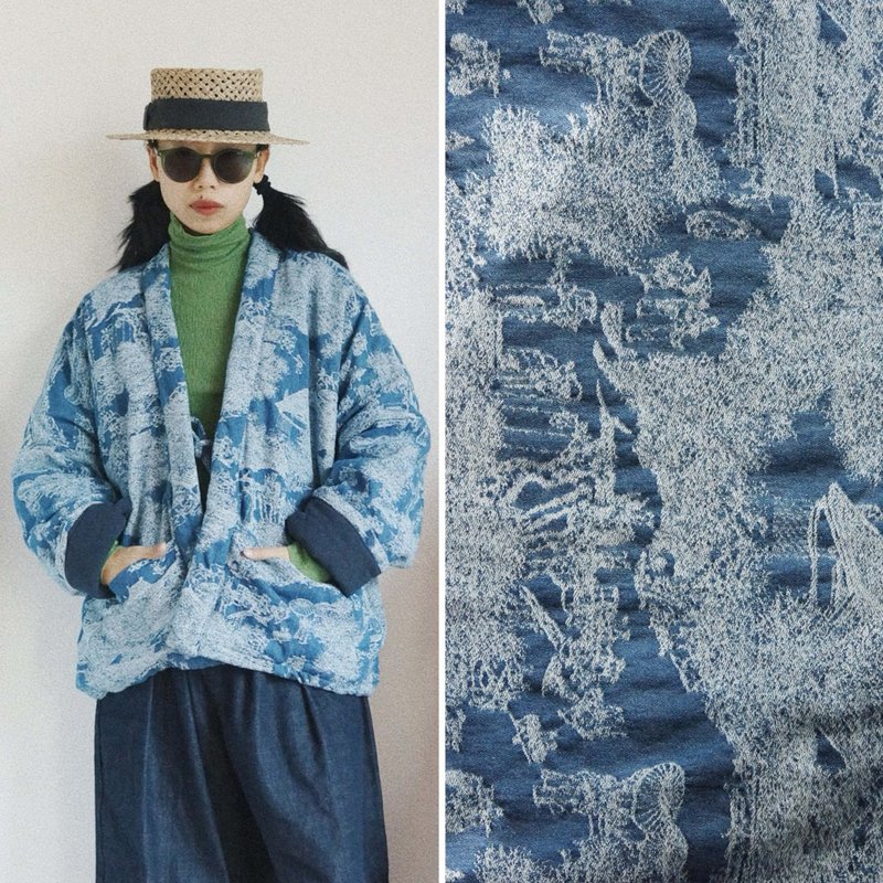 Song Dynasty Happy Living Pattern Washed Jacquard Denim Unisex Jacket Cotton Jacket Winter Quilted Noriyoshi - เสื้อแจ็คเก็ต - ผ้าฝ้าย/ผ้าลินิน สีน้ำเงิน