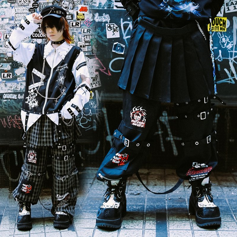 原創龐克重金屬搖滾風狂潮百褶裙片褲鍊八神長褲蘇格蘭格紋JJ2551 - 男長褲/休閒褲 - 聚酯纖維 