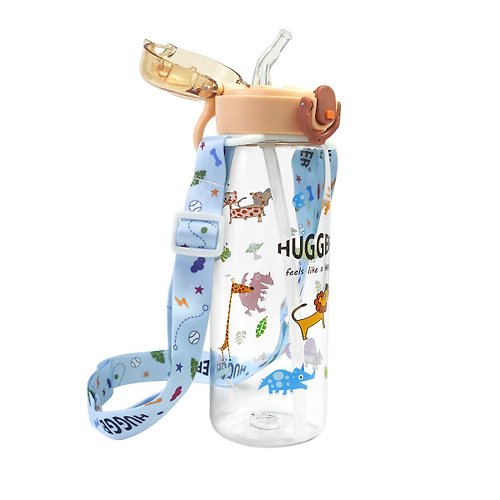 HUGGER HUGGER 彈蓋吸管揹帶水壺 500ml 動物世界/咖啡色 酷比龍背包同款