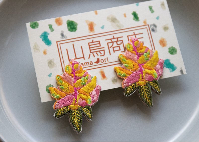 【刺繍ear accessory】黃-芒果- - 耳環/耳夾 - 繡線 黃色