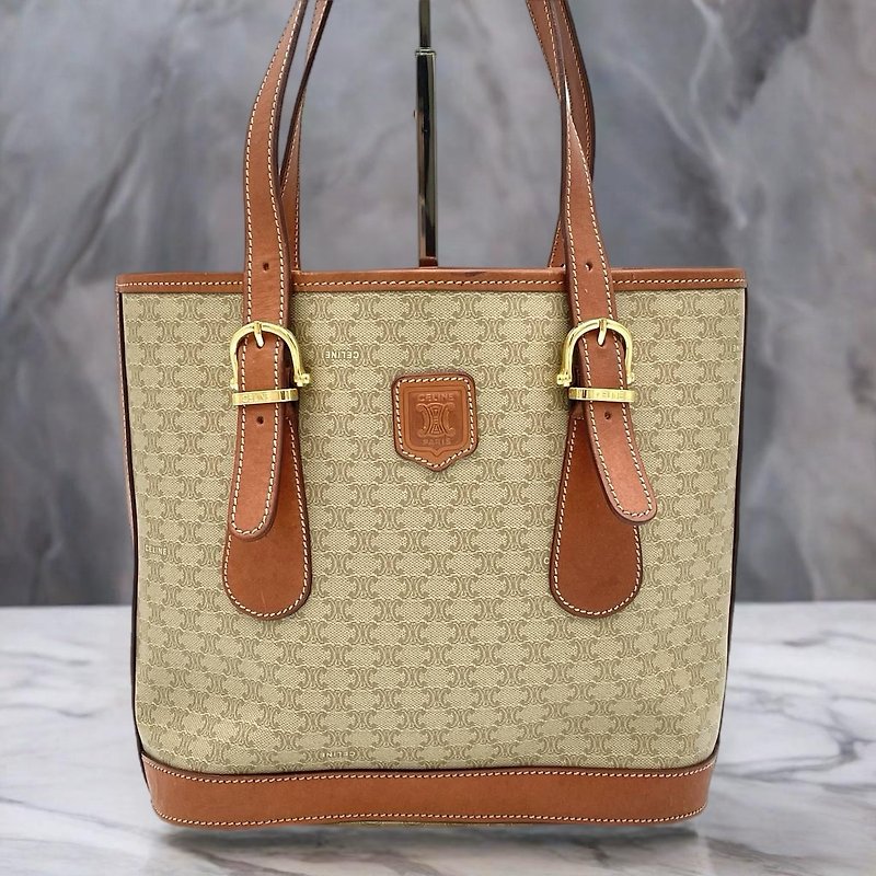 【LA LUNE】Second-hand Celine Brown Presbyopic Leather Tote Bag Back and Side Shoulder Small Handbag - Messenger Bags & Sling Bags - Genuine Leather Brown