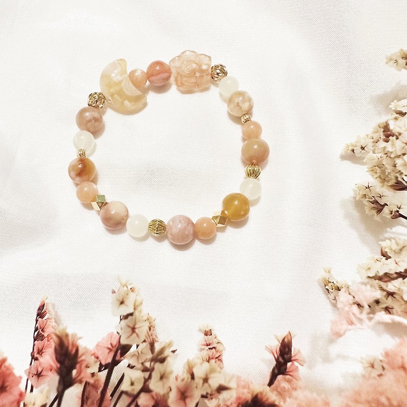 Moonlight Dye Cherry Blossom Agate Orange Moonstone White Moonstone Crystal Bracelet 14K Gold Pack - Bracelets - Crystal Orange