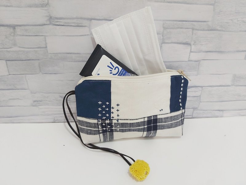 (Women&#x27;s Day New Arrival) Linen Zipper Pouch with patchwork and sashiko, Blue