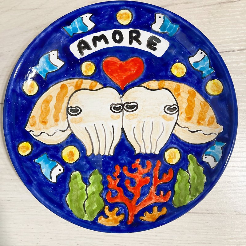絵皿20cm マヨリカ焼き イタリア陶器　コウイカ　出産祝い - 盤子/餐盤/盤架 - 陶 藍色