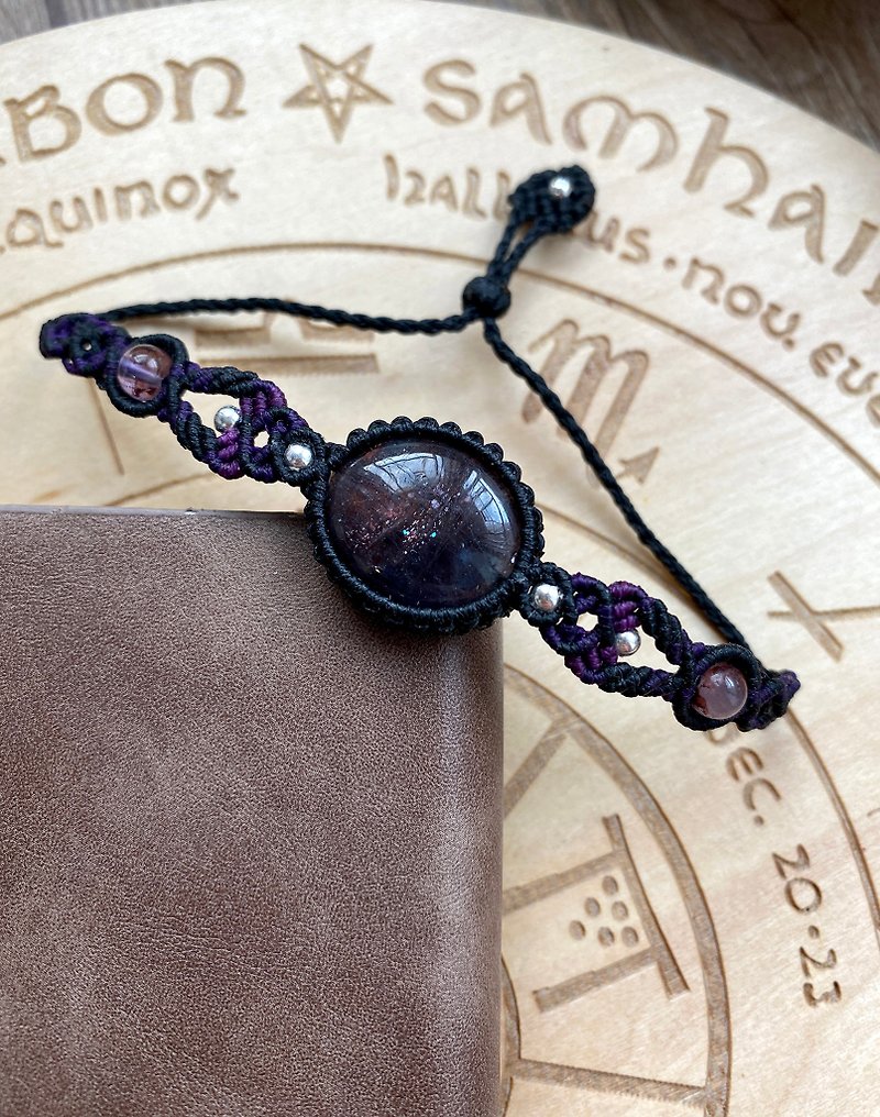 H170- Wax braided Jin Qing Sun Stone(Iolite sunstone) purple bead bracelet Silver ghost beads - Bracelets - Gemstone Black
