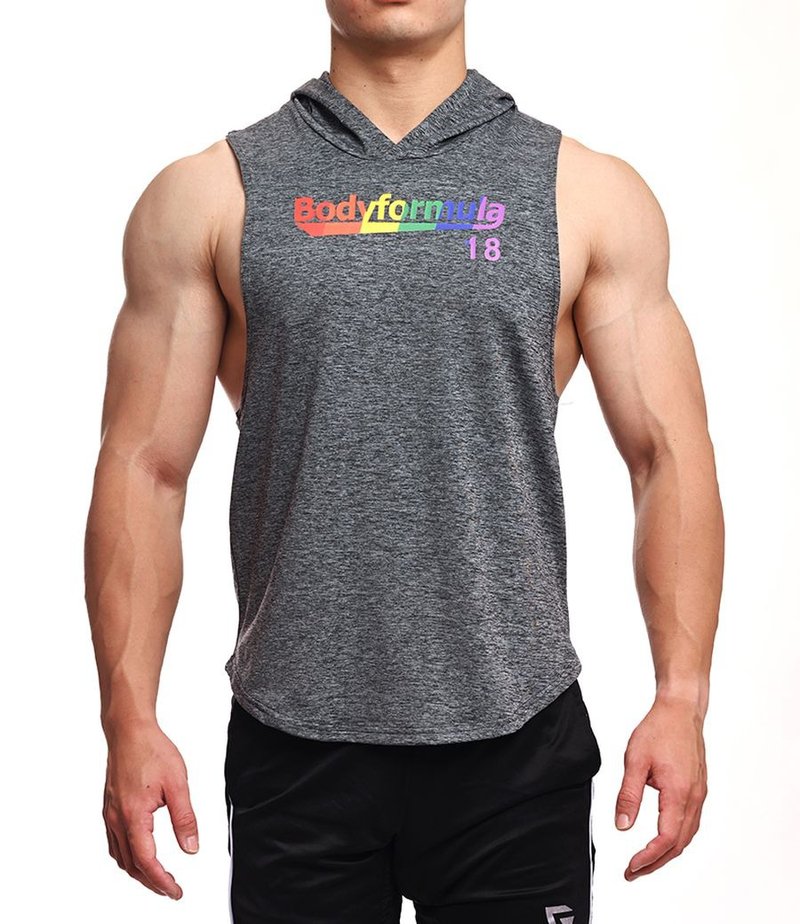 【彩虹限定】Actiflex超彈透氣-Proud Forever下弧連帽背心-麻灰 - 男背心 - 聚酯纖維 灰色