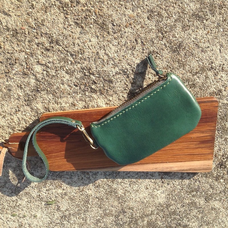 Zipper purse, can be linked, hand-sewn, leather, hand-rolled lanyard 【then leather】 dark green - Coin Purses - Genuine Leather Green
