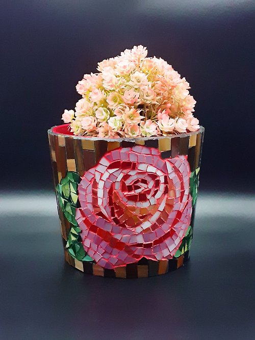 InariGlassStudio 彩色玻璃馬賽克花盆玫瑰花馬賽克玻璃陶瓷花瓶