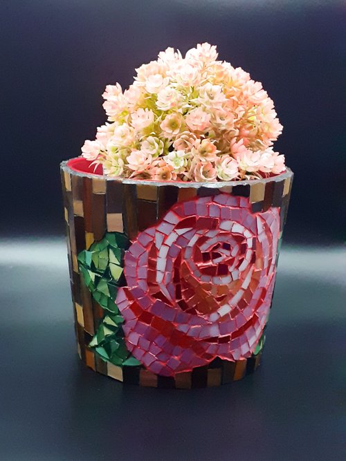 Stained Glass Mosaic Flowerpot, Rose Flower Mosaic Glass