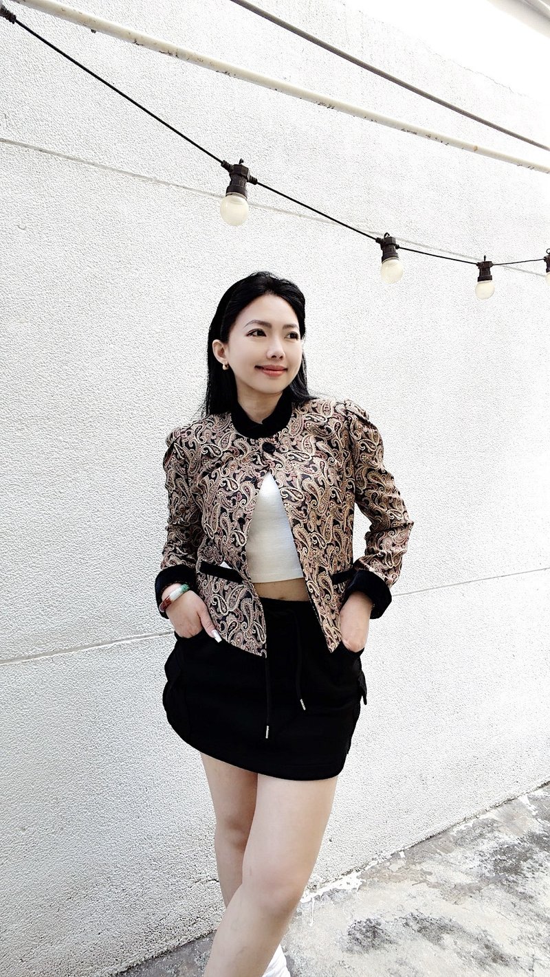 巴洛克提花小立領x純黑金絲絨 澎袖西裝小香風外套 - 女裝外套/大衣 - 棉．麻 多色
