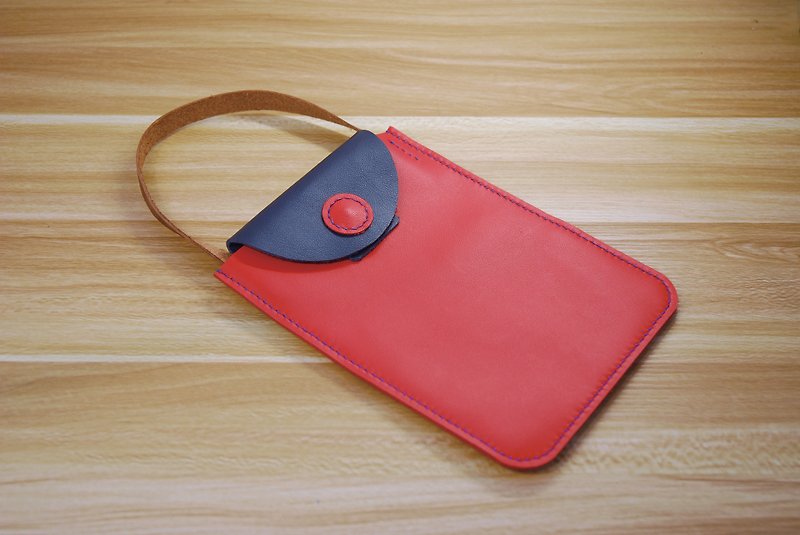 Mobile phone small bag leather hand sewing (red and blue) - Handbags & Totes - Genuine Leather Red