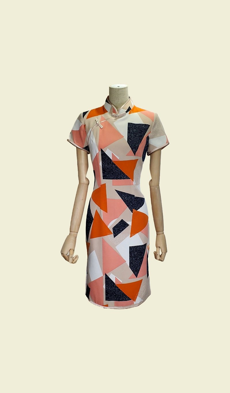 Pink and Orange Geometry Qipao Cheongsam Retail Dress - Qipao - Cotton & Hemp Multicolor