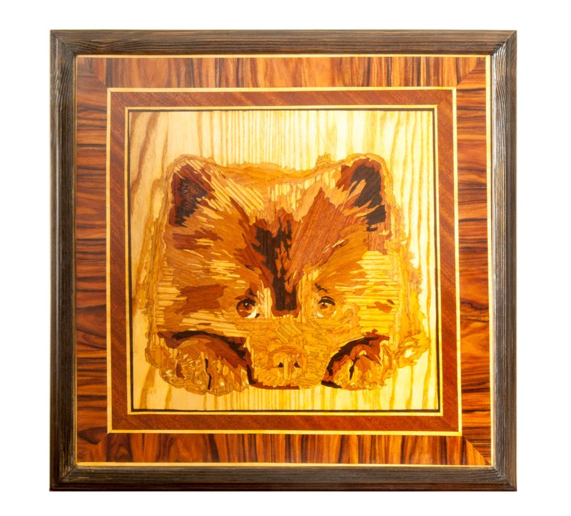 Pomeranian puppy Dog portrait inlay framed mosaic wood panel ready to hang home - Wall Décor - Wood Orange