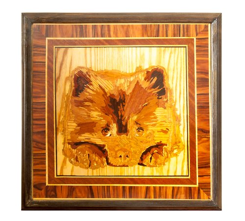 Woodins Pomeranian puppy Dog portrait inlay framed mosaic wood panel ready to hang home