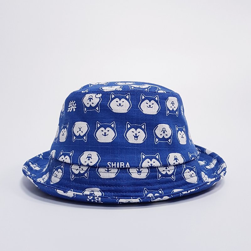 經典漁夫帽- 沁藍柴犬 #情人節 #禮物 #日本布 #文青  - 帽子 - 棉．麻 藍色