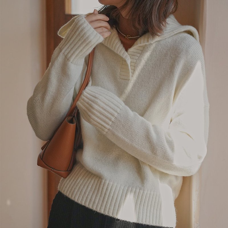 日系大翻領絞花針織毛衣|上衣|冬款|羊毛混紡|Sora-636 - 女毛衣/針織衫 - 羊毛 白色