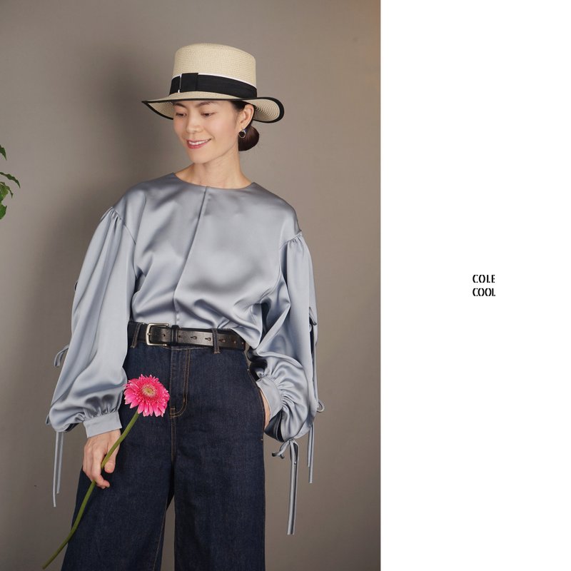 COLE COOL SS23 日式高質霧藍色綁結襯衣 - 女襯衫 - 其他材質 藍色