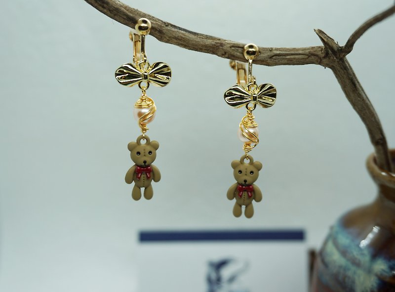 Airplane ears / original earrings x metal thread creation / [cute girl bear-spiral Clip-On version] - ต่างหู - ทองแดงทองเหลือง สีทอง