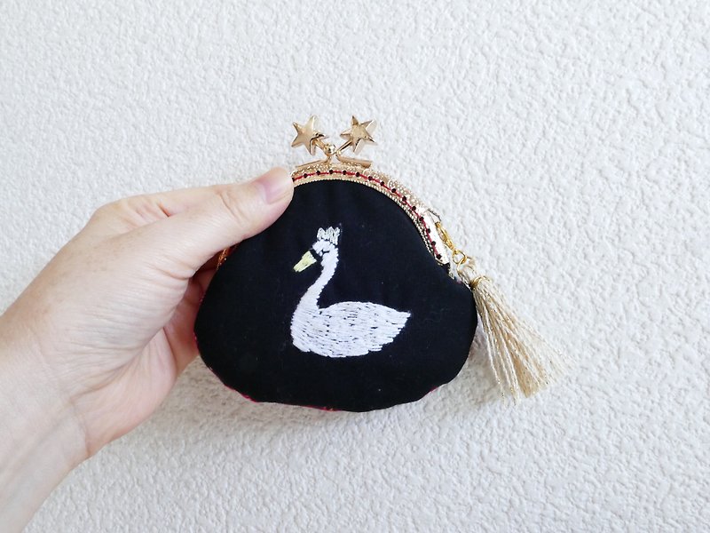 Embroidered mini embroidery star mouthpiece swan black x tartan check - Coin Purses - Cotton & Hemp Black