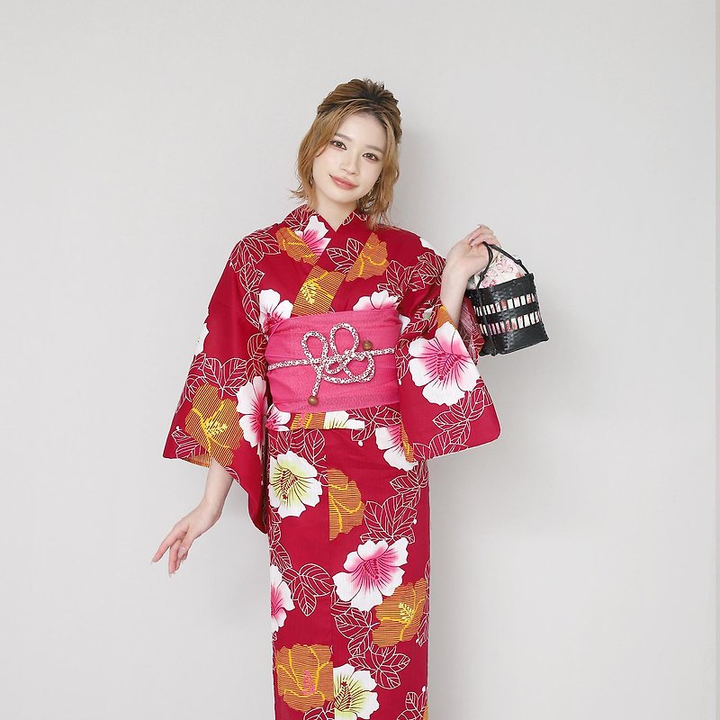 Women's Domestic Dyed Yukata Belt 2 Piece Set F Size x38-a5 yukata - อื่นๆ - ผ้าฝ้าย/ผ้าลินิน สีแดง