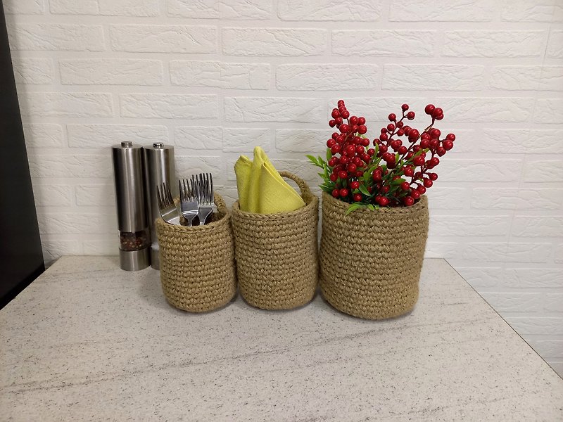 Wall hanging basket Crochet jute basket Kitchen organizer Boho - Shelves & Baskets - Eco-Friendly Materials 