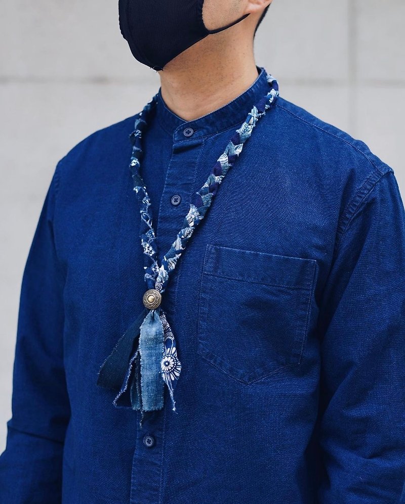 Indigo Patchwork Handwoven Necklace - สร้อยคอ - ผ้าฝ้าย/ผ้าลินิน 