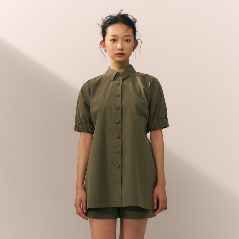 Short-sleeved Shirt Jacket /  Treetop Green - Women's Tops - Other Materials Green