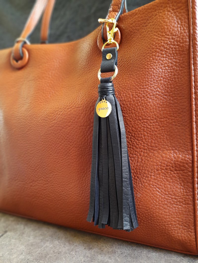 Leather Tassel Bag Charm with Laser Engraved Gold Stainless Steel Grace Pendant - 吊飾 - 真皮 黑色