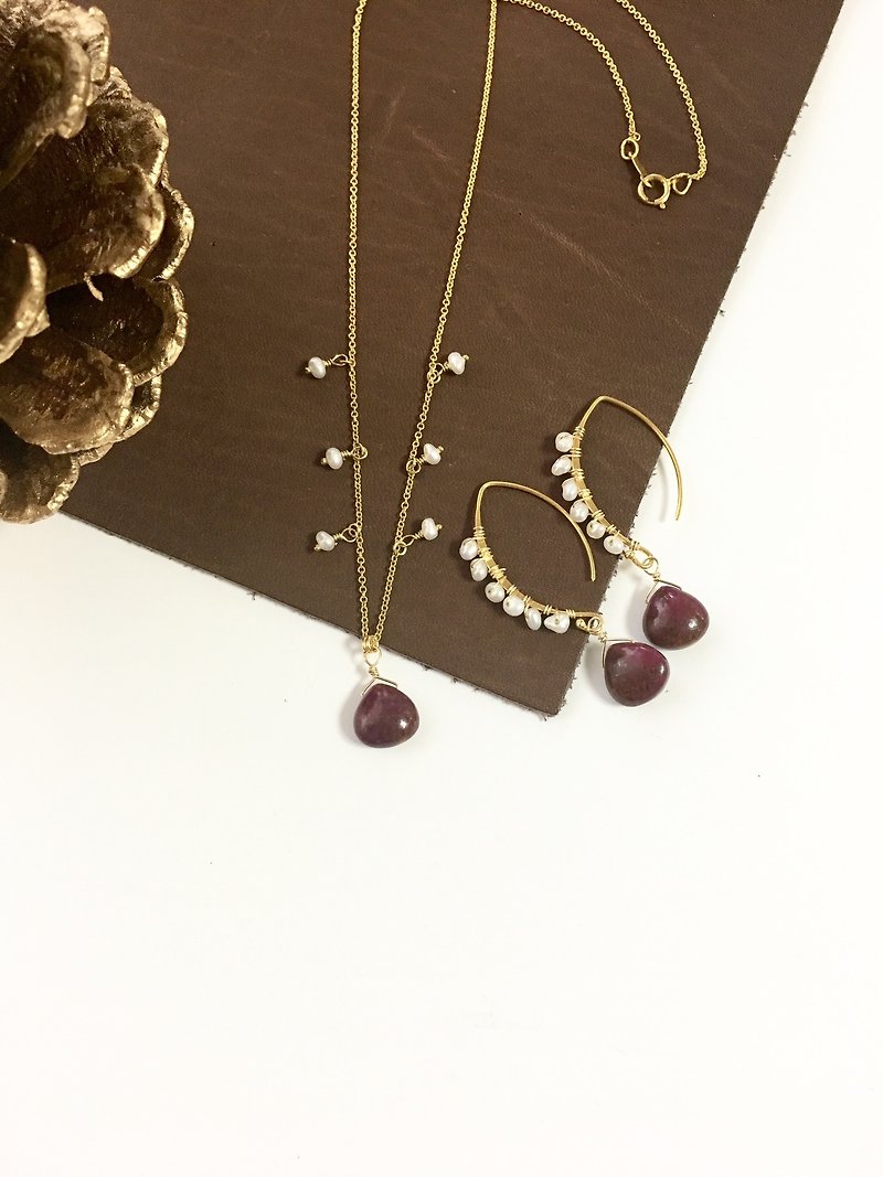 Alunite and Pearl Hook-earring, Necklace Set up 14 kgf - Earrings & Clip-ons - Stone Purple