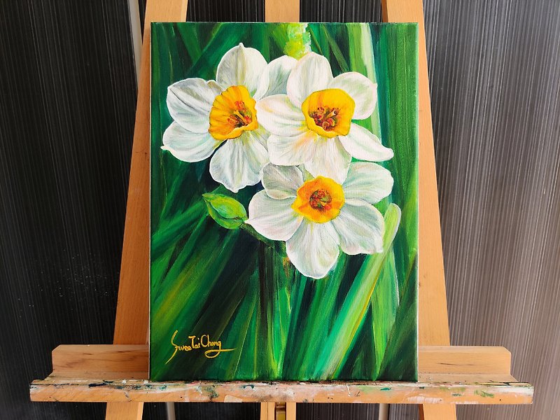 【Narcissus】Daffodils Original Painting on Canvas. Hope and Prosperity Flowers. - โปสเตอร์ - ผ้าฝ้าย/ผ้าลินิน 