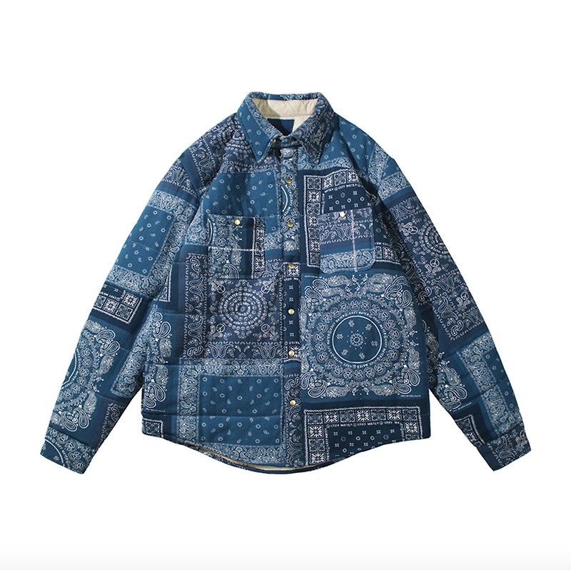 Japanese retro Thinsulate cashew flower ancient cloth cotton coat - Men's Coats & Jackets - Other Materials Blue