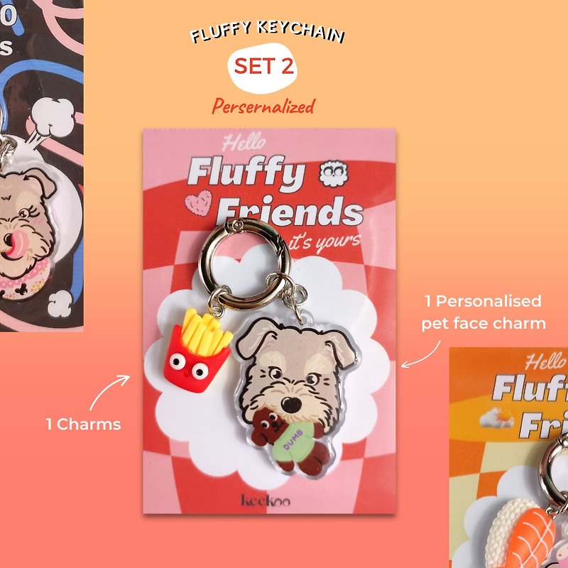 Fluffy Keychain Set 2 - Pet Drawing Keychain + Personalized Pet face - Charms - Acrylic 