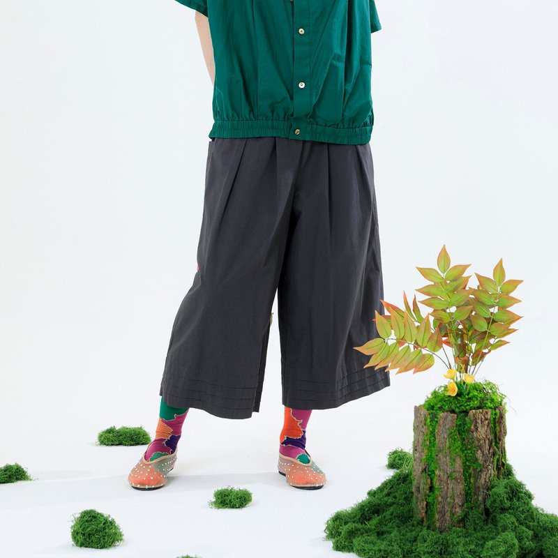 天天平達克壓褶鬆緊寬褲 - 女長褲 - 棉．麻 灰色