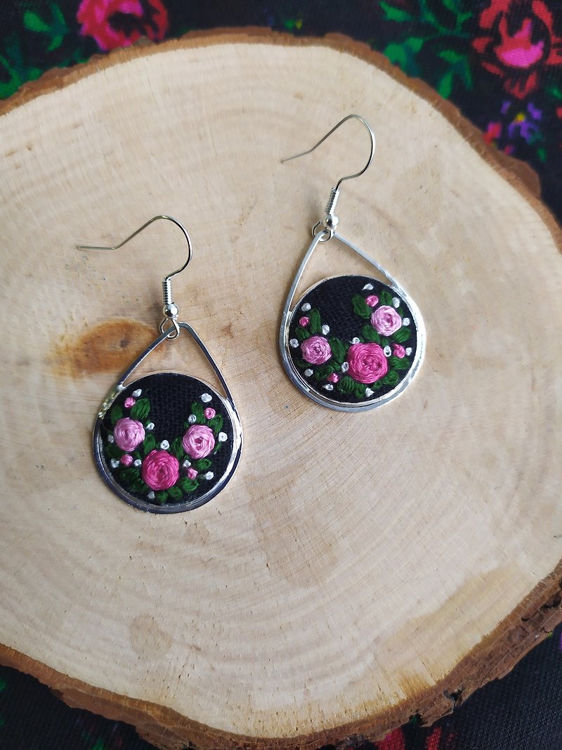 Embroidered earrings with pink flowers. - Earrings & Clip-ons - Sterling Silver Pink