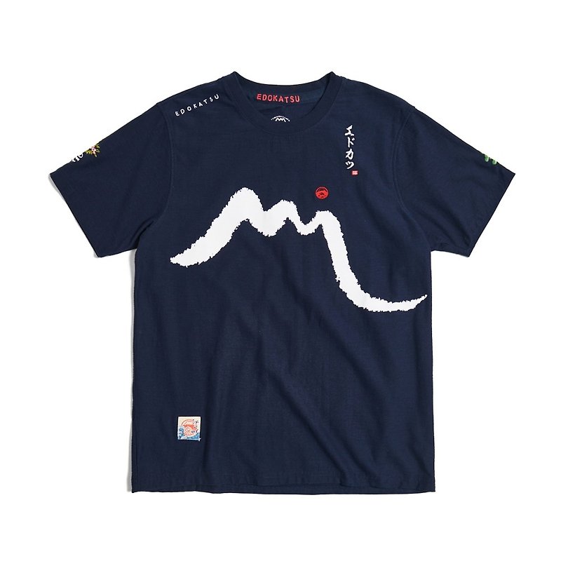 Edo Katsu Japanese style calligraphy Fuji short-sleeved T-shirt - Men's (1cm blue) #Top - Men's T-Shirts & Tops - Cotton & Hemp Blue
