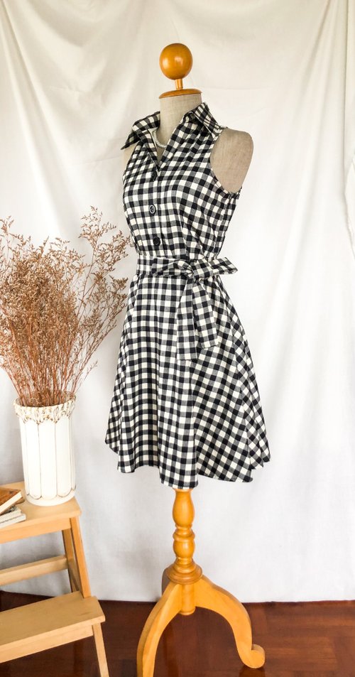 Black Check Dress Vintage Summer Sundress gingham shirt sleeveless cute  dress