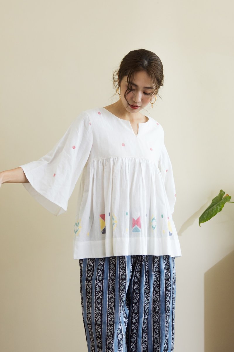 印度手織Jamdani彩短袖上衣 - 女上衣/長袖上衣 - 棉．麻 白色