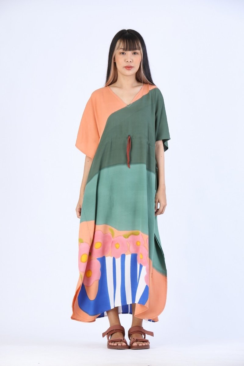 Kaftan Waist Jump Cotton Rayon Hand paint For Summer Beach Vacation - 洋裝/連身裙 - 聚酯纖維 綠色