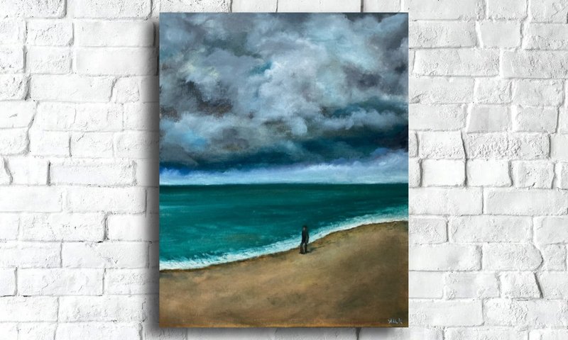 Storm Oil Painting On Canvas, Original Seascape Art, Ocean Wall Decor, Coast Art - 海報/掛畫/掛布 - 其他材質 藍色