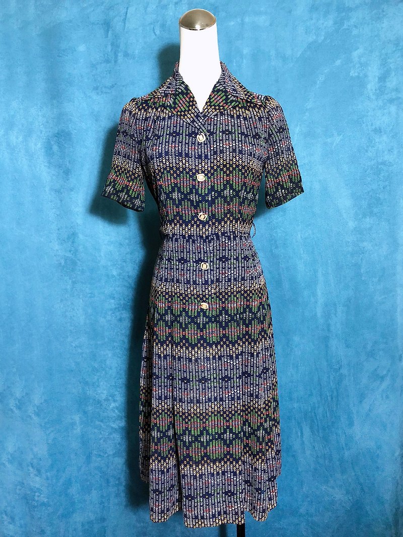 Totem chiffon short-sleeved vintage dress / bring back VINTAGE - One Piece Dresses - Polyester Blue